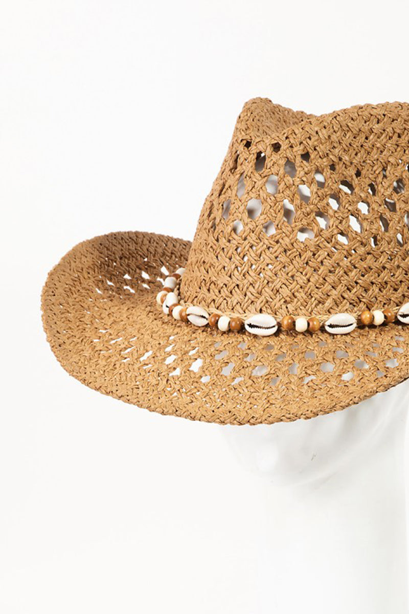 Shell Beaded String Straw Hat - Tan or Ivory