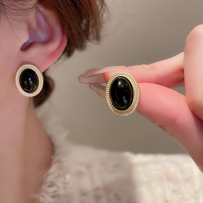 Black Oval Gem Stud Earrings