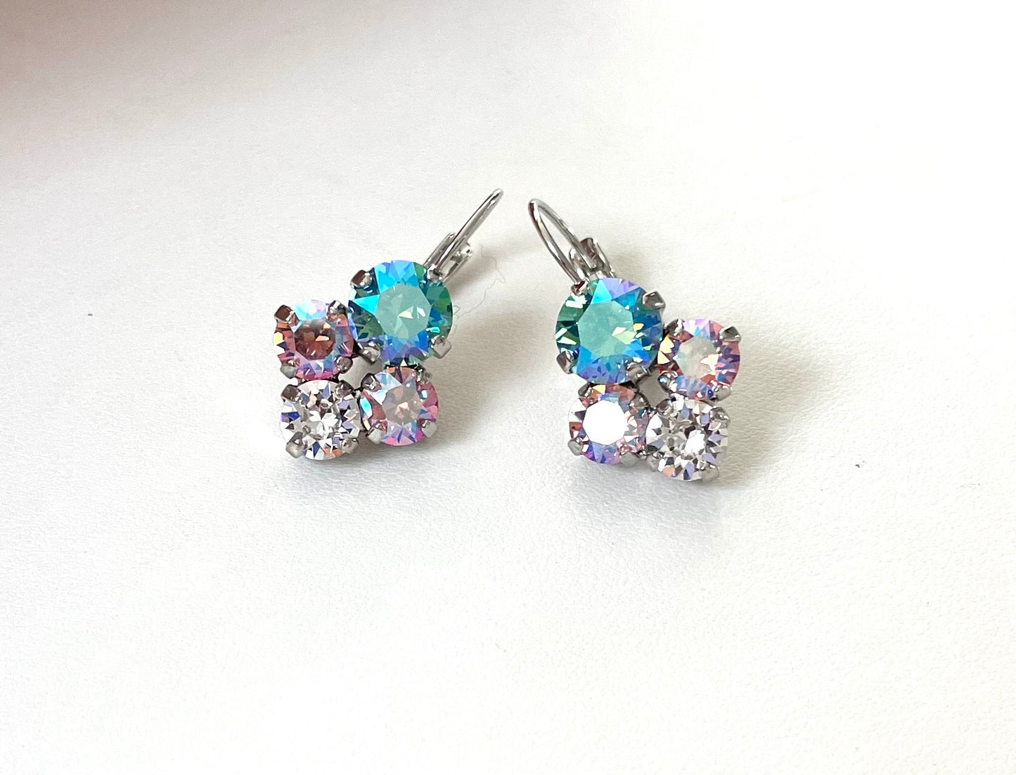 Mixed Crystal size Drop Earrings - Iridescent pink and blue