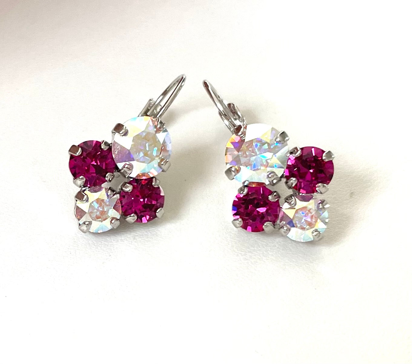 Mixed Crystal size Drop Earrings - Iridescent & hot pink