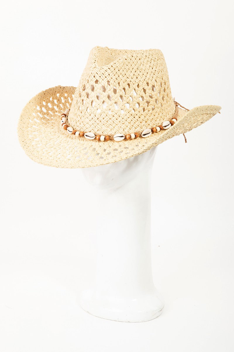 Shell Beaded String Straw Hat - Tan or Ivory