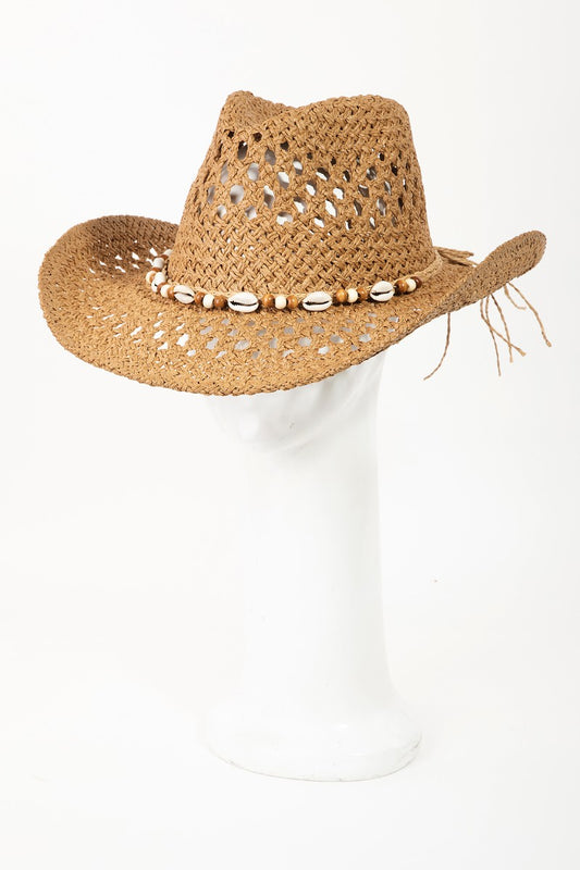 Shell Beaded String Straw Hat - Tan or Ivory