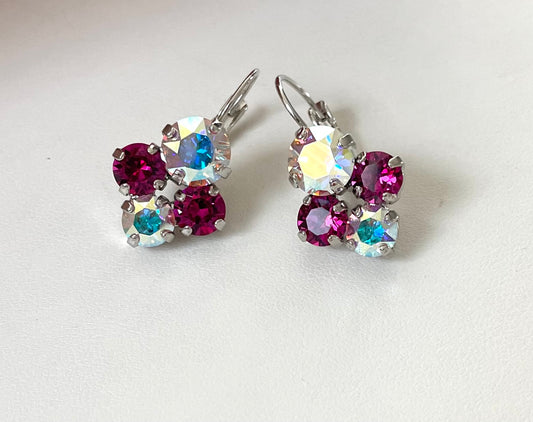 Mixed Crystal size Drop Earrings - Iridescent & hot pink