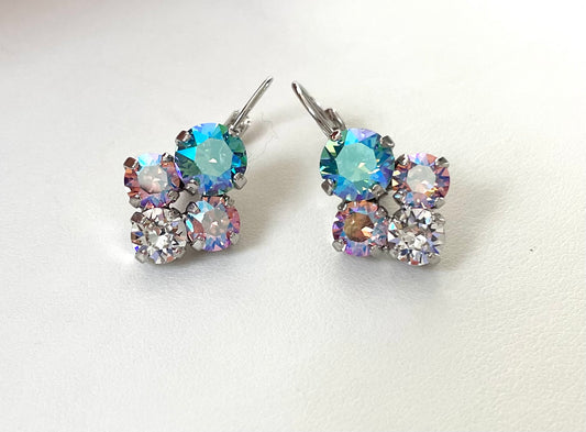 Mixed Crystal size Drop Earrings - Iridescent pink and blue