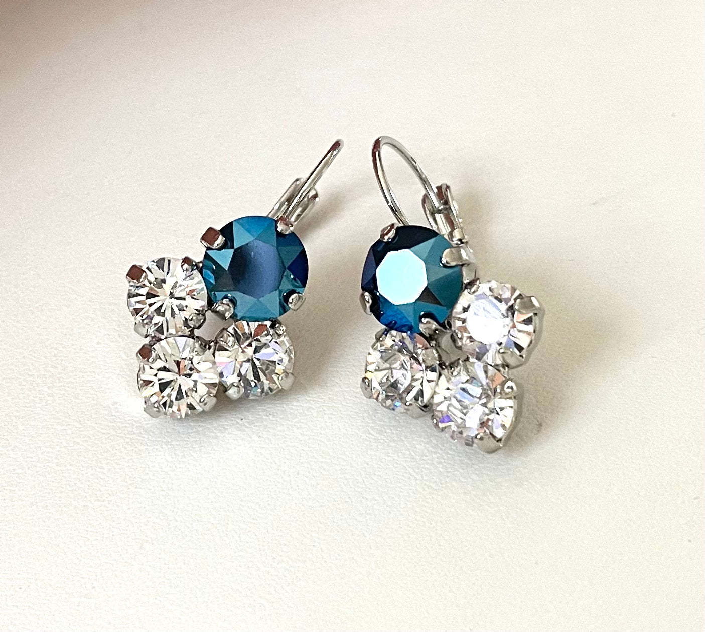 Mixed Crystal size Drop Earrings - Clear and Metallic Blue