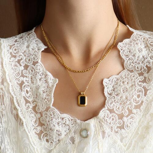 Silver or Gold - Layered Necklace Black Enamel Pendant