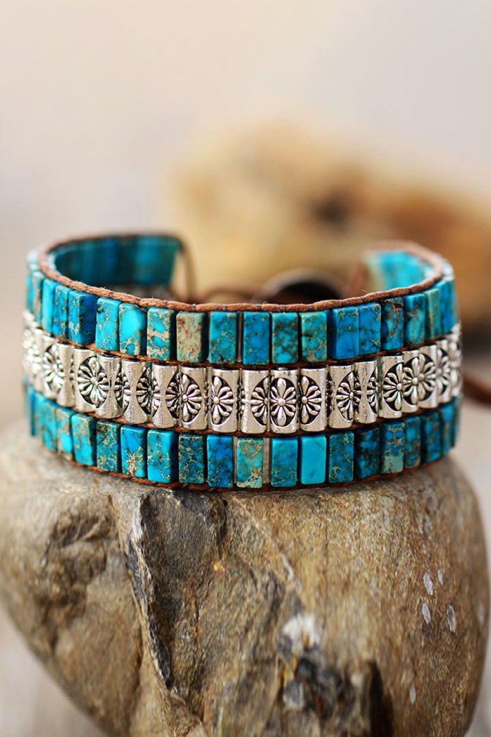 Triple Layer Natural Stone Bracelet - Multiple colors: Red / Turquoise / Orange