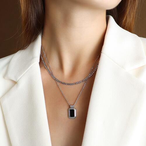 Silver or Gold - Layered Necklace Black Enamel Pendant