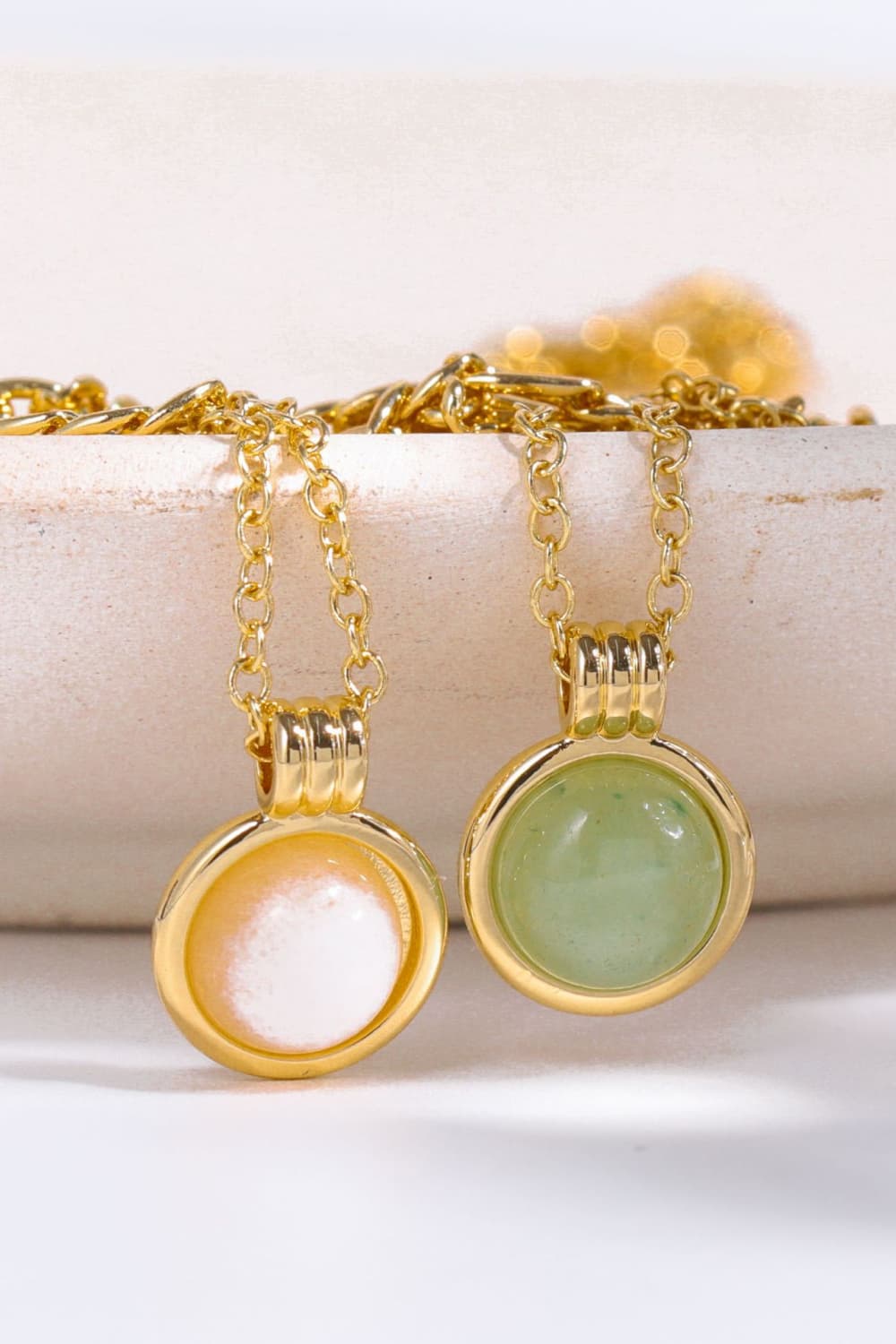 Gold Round Shape Aventurine Pendant Necklace - Green / White